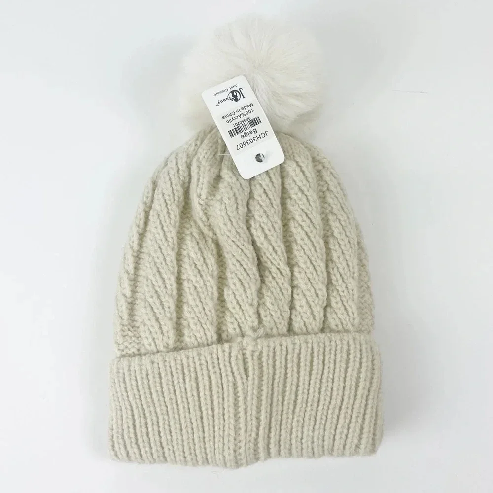 JC Sunny Just Classy Hat Womens One Size Beige Knit Fauc Fur Pom Pom Beanie